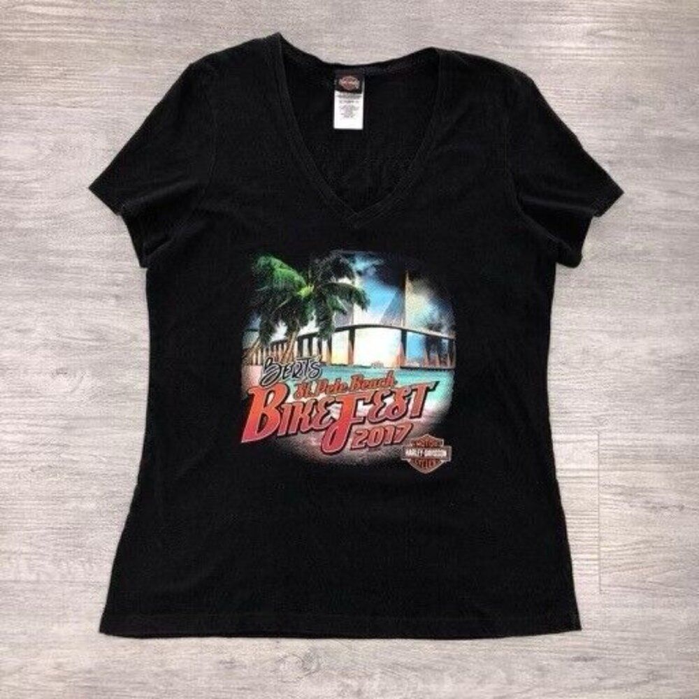 Harley Davidson T-Shirt Women's Size XL Blue Bert's St Pete Beach Bike Fest 2017